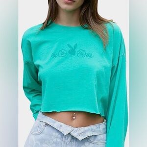 Playboy x PacSun Teal Green Hibiscus Cropped Long Sleeve Tee - XS
